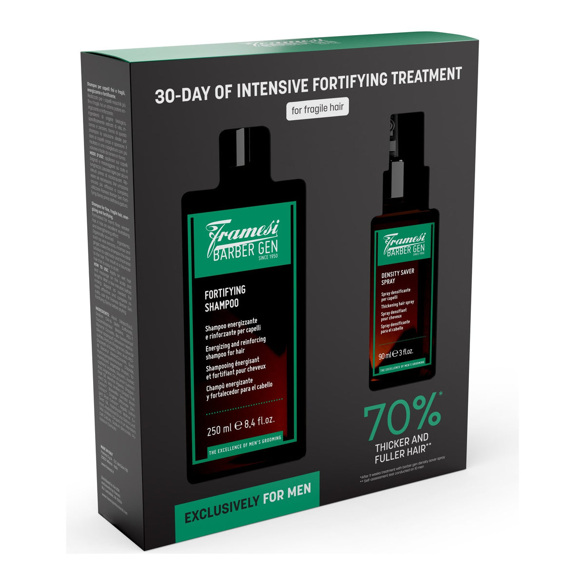 Kit Barber Gen Fortifying Shampoo 250 ML y Density Saver Spray 90 ML, caja con el shampoo y el spray