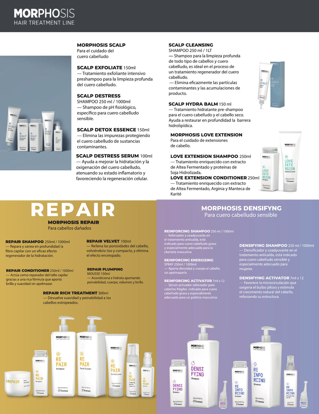 Catálogo Framesi México 2026, Morphosis Scalp, Love Extension, Repair, Densifying y Reinforcing