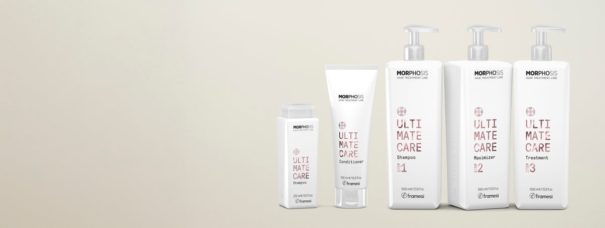 Línea Morphosis Ultimate Care: envases de la familia sobre fondo neutro