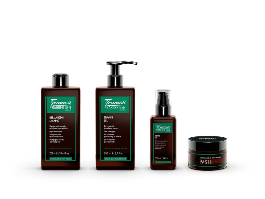 Cuatro productos Barber Gen sobre fondo blanco: Rebalancing Shampoo, Shaving Gel, Beard Oil y Paste