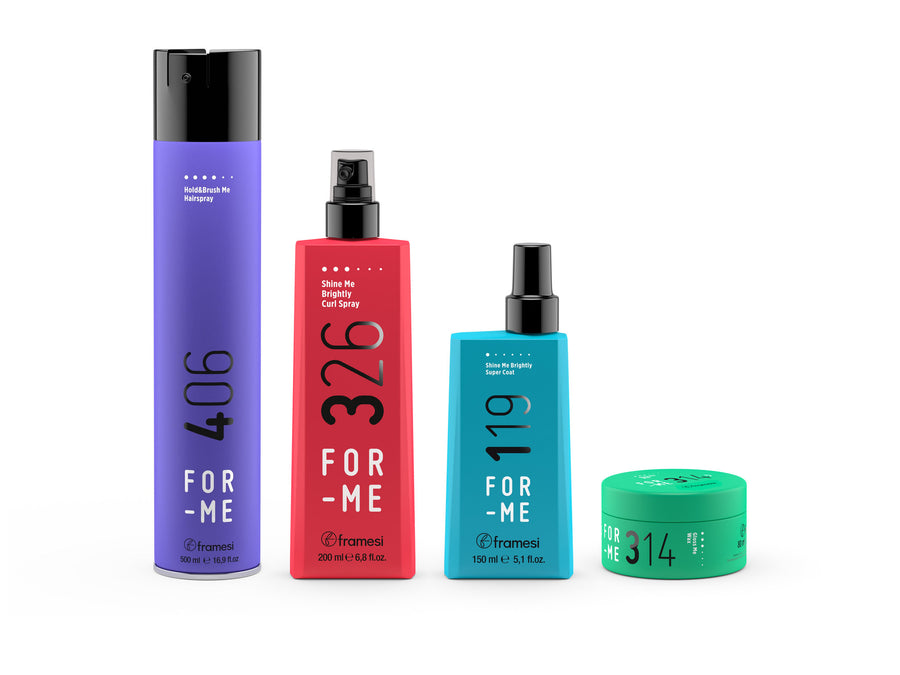 Cuatro productos FOR-ME sobre fondo blanco: 406 Holdbrush Me Hairspray, 326 Shine Me Brightly Curl Spray, 119 Shine Me Brightly Super Coat y 314 Gloss Me Wax