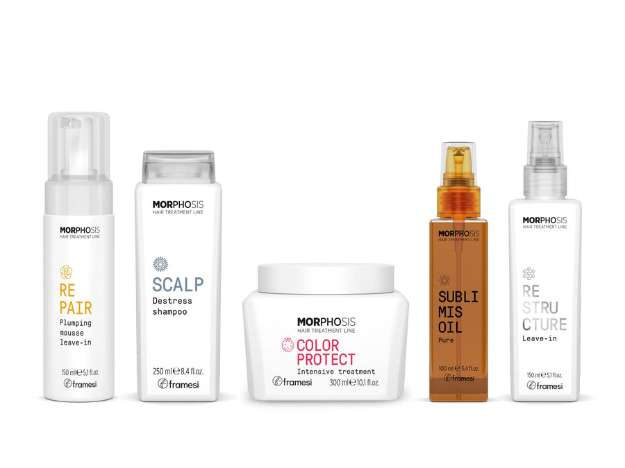 Cinco productos Morphosis sobre fondo blanco: Repair Plumping Mousse, Scalp Destress Shampoo, Color Protect Intensive Treatment, Sublimis Oil Pure y Restructure Leave-In