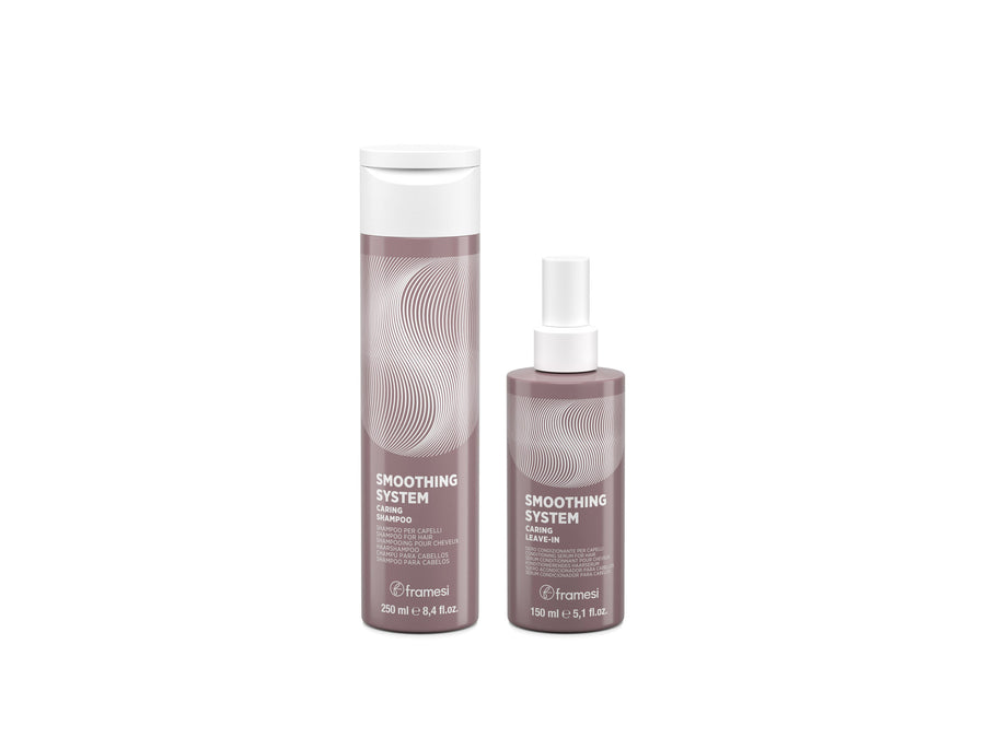 Smoothing System Caring Shampoo y Caring Leave-In sobre fondo blanco