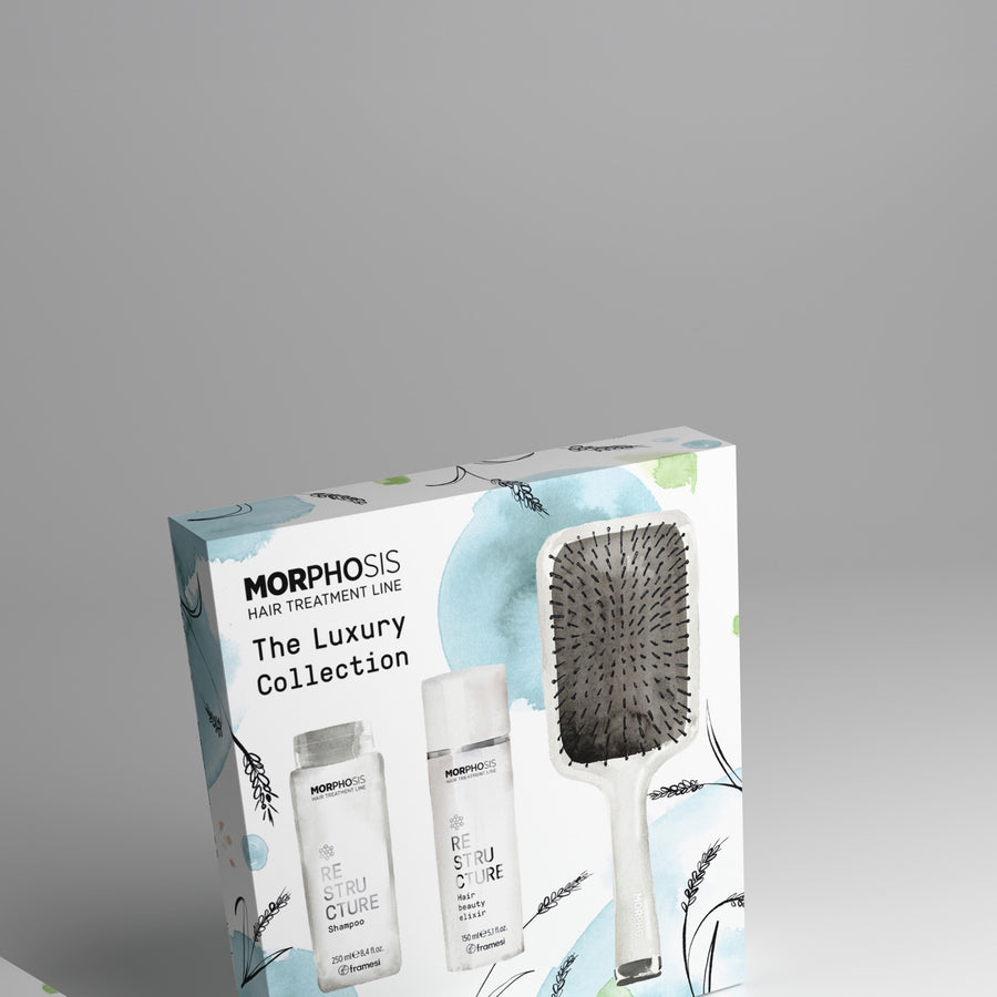 Estuche Morphosis The Luxury Collection con shampoo, elixir y cepillo, sobre fondo gris